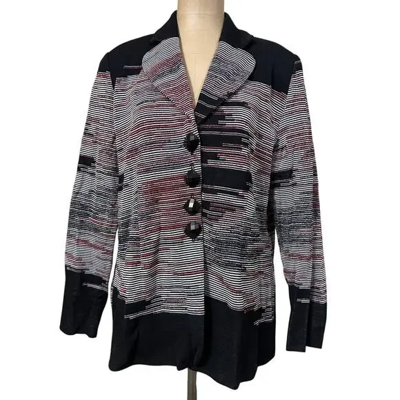 Misook Knit Blazer Black, Pink & Grey Abstract Stripe Button Front